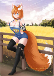 1girl against_fence ahoge animal_ear_fluff animal_ears animal_print bell black_choker black_thighhighs blue_eyes blue_overalls breasts choker cleavage closed_mouth cloud collarbone cow_print cowbell detached_sleeves emoji fence flower fox_ears fox_girl fox_tail glubbable hair_between_eyes hair_flower hair_ornament highres indie_virtual_youtuber large_breasts orange_hair overalls rika_ryne short_hair sky smile solo strapless tail thank_you thighhighs tree tube_top twitter_username two-tone_sleeves virtual_youtuber vrchat wheat_field white_flower white_tube_top windmill