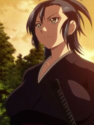 1girl alternate_hairstyle black_kimono blue_hair breasts covered_breasts hair_up highres japanese_clothes katana kimono large_breasts manyuu_chifusa manyuu_hikenchou ponytail serious sunset sword tomboy weapon yellow_eyes