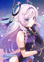 1girl :t armlet bangle bare_shoulders blue_eyes bracelet braid citlali_(genshin_impact) facial_mark forehead_mark genshin_impact jewelry long_hair looking_at_viewer monikon13 pink_hair ring_hair_ornament solo upper_body very_long_hair