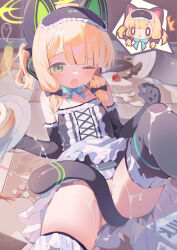 2girls absurdres alternate_costume animal_ear_headphones animal_ears apron banana_peel black_dress black_gloves black_thighhighs blonde_hair blue_archive blush cable cable_tail cake cat_ear_headphones cat_ears cat_tail commentary_request dress elbow_gloves fake_animal_ears fake_tail fallen_down flat_chest food frilled_thighhighs frills fruit gloves green_eyes green_halo halo headphones highres loli low-tied_sidelocks maid_headdress mechanical_tail midori_(blue_archive) milk_carton momoi_(blue_archive) multiple_girls one_eye_closed open_mouth plate short_hair siblings sidelocks sisters solo_focus speech_bubble spoken_character strawberry suggestive_fluid tail teoskyrios thighhighs twins two_side_up waist_apron