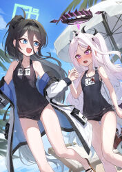 2girls absurdres alternate_costume aqua_halo aris_(blue_archive) bare_shoulders beach_umbrella black_hair black_halo black_horns black_one-piece_swimsuit black_wings blue_archive blue_eyes blue_sky character_name commentary_request covered_navel demon_girl demon_horns demon_wings flat_chest hair_between_eyes hair_ornament hairclip halo highres hina_(blue_archive) hina_(swimsuit)_(blue_archive) horns jacket kokukyukeo loli long_hair long_hair_between_eyes long_sleeves multicolored_halo multiple_girls name_tag off_shoulder official_alternate_costume one-piece_swimsuit one_side_up open_mouth outdoors parallel_hairclips ponytail puffy_long_sleeves puffy_sleeves purple_eyes purple_halo rectangular_halo revision school_swimsuit sky swimsuit thighs two-tone_halo umbrella very_long_hair wavy_hair whistle whistle_around_neck white_hair white_jacket wings