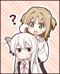 2girls :o ? ahoge border brown_eyes c: commentary cowlick fang goron_(phde2424) green_eyes hair_between_eyes light_blush light_brown_hair long_hair long_sleeves multiple_girls neck_ribbon oka_asahi onii-chan_wa_oshimai! outline oyama_mahiro polka_dot polka_dot_background red_ribbon ribbon school_uniform shirt short_hair simple_background skirt smile suspender_skirt suspenders sweatdrop two_side_up white_hair white_outline white_shirt wing_collar