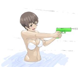 1girl bikini blush breasts brown_eyes brown_hair cleavage freckles girls_und_panzer in_water large_breasts mal_(malmlamal) naomi_(girls_und_panzer) navel open_mouth short_hair simple_background smile solo swimsuit water_gun white_background white_bikini