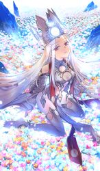 Rule 34 | 1girl, arm support, bare shoulders, barefoot, blue flower, breasts, breasts apart, choco (chocolate shop), cleavage cutout, clothing cutout, commentary, detached leggings, dress of heaven, fate/grand order, fate/stay night, fate (series), field, flower, flower field, full body, glowing, groin, justeaze lizrich von einzbern, long hair, looking to the side, medium breasts, official art, orange flower, parted lips, pelvic curtain, pink flower, red eyes, revealing clothes, sidelocks, sitting, solo, stole, stomach jewel, teeth, third-party source, very long hair, white hair, white theme, wide sleeves, yokozuwari