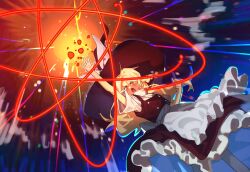 1girl absurdres apron black_hat black_skirt black_vest blonde_hair bow braid commentary hair_bow hat hat_bow highres kirisame_marisa long_hair magic open_mouth side_braid single_braid skirt solo touhou tuck_(tuck23978434) vest waist_apron white_apron white_bow witch_hat yellow_eyes