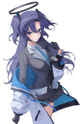 1girl absurdres black_gloves black_shirt black_skirt blue_archive blue_eyes blue_necktie closed_mouth collared_shirt gani1127 gloves hair_between_eyes halo highres jacket long_hair long_sleeves looking_at_viewer mechanical_halo necktie open_clothes open_jacket pleated_skirt purple_hair shirt short_twintails simple_background skirt solo twintails white_background white_jacket white_shirt yuuka_(blue_archive)
