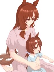 Rule 34 | 2girls, animal ears, bow, brown hair, buttons, commentary request, feet, hair between eyes, hair bow, highres, horse ears, horse girl, horse tail, long hair, looking down, mitsuno, mother and child, mother and daughter, multicolored hair, multiple girls, open mouth, pointing, ponytail, red eyes, side ponytail, simple background, sitting, smile, still in love (umamusume), streaked hair, tail, teeth, umamusume, white background, white hair