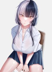 1girl absurdres black_hair bra breasts chair highres hololive hololive_english large_breasts lips looking_at_viewer multicolored_hair see-through_clothes see-through_shirt shikuroo0 shiori_novella shirt skirt solo solo_focus thighs underwear virtual_youtuber yellow_eyes