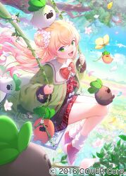 1girl blonde_hair blue_sky brown_cardigan cardigan commentary_request copyright_notice crossed_bangs day double_bun field flower flower_field from_side gradient_hair green_eyes green_jacket hair_bun hair_flower hair_ornament holding holding_flower hololive jacket long_hair looking_to_the_side loose_socks mascot momosuzu_nene momosuzu_nene_(casual) mucchiri_shiitake multicolored_hair neckerchief nekko_(momosuzu_nene) official_alternate_costume official_art on_swing open_mouth outdoors oversized_jacket pink_flower pink_hair plaid_clothes plaid_neckerchief plaid_skirt red_neckerchief red_shoes red_skirt sailor_collar shoes sidelocks skirt sky smile socks swing tree two_side_up virtual_youtuber white_sailor_collar white_socks yellow_flower