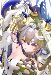 1girl arknights arm_up armpits bead_necklace beads blonde_hair blue_eyes breasts collarbone dragon_girl dragon_horns earrings eastern_dragon_horns hair_between_eyes highres holding holding_sword holding_weapon horns jewelry large_breasts long_hair looking_at_viewer lying necklace parted_lips pointy_ears roki@ shu_(arknights) simple_background solo strapless sword tassel tassel_earrings tube_top weapon white_background white_tube_top