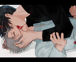 2boys absurdres alien_stage black_hair black_shirt closed_eyes commentary english_commentary grey_hair hand_on_another&#039;s_face heart highres holding_another&#039;s_arm ivan_(alien_stage) kiss letterboxed male_focus miki_(mangoose_e) multiple_boys shirt short_hair till_(alien_stage) very_short_hair white_shirt yaoi