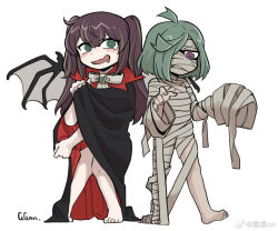 Rule 34 | 2girls, @ @, akoya matama, anemo nemo, artist name, barefoot, bat wings, blush, brown hair, covering privates, drooling, embarrassed, full body, green eyes, green hair, guagua977, hair over one eye, highres, long hair, mahou shoujo ni akogarete, medium hair, multiple girls, mummy costume, open mouth, purple eyes, sharp teeth, simple background, tears, teeth, vampire costume, wings