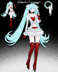 1girl absurdres aqua_hair belt belt_buckle blue_eyes boots buckle choker christmas concept_art crop_top frilled_jacket frilled_skirt frills full_body fur-trimmed_boots fur-trimmed_gloves fur_trim gloves gradient_hair hair_ornament hair_ribbon han_jiu_(456116642) hatsune_miku high_heel_boots high_heels highres holding holding_microphone jacket long_hair microphone multicolored_hair multiple_views navel ribbon sketch skirt sparkle star_(symbol) star_choker star_hair_ornament thigh_boots tiered_skirt very_long_hair vocaloid watermark weibo_watermark