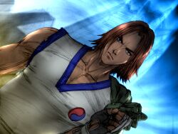 1boy backpack bag bare_shoulders curtained_hair dobok fingerless_gloves game_cg gloves hwoarang_(tekken) kawano_takuji long_hair muscular muscular_male official_art orange_hair sleeveless solo tekken tekken_4