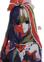 1girl black_dress black_eyes bow closed_mouth dress empty_eyes frilled_bow frilled_ribbon frills front_ponytail green_hair hair_between_eyes hair_bow hair_ribbon head_tilt highres kagiyama_hina long_hair looking_at_viewer no_pupils red_bow red_ribbon ribbon serious short_sleeves simple_background solo spiral touhou upper_body white_background