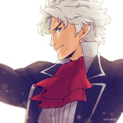 Rule 34 | 1boy, ascot, black jacket, classicaloid, closed mouth, dramatica, jacket, long sleeves, looking at viewer, ludwig van beethoven (classicaloid), male focus, red ascot, short hair, signature, simple background, smile, solo, upper body, v-shaped eyebrows, white background, white hair