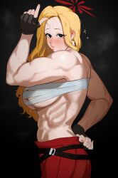 Rule 34 | abs, akemi (blue archive), bare shoulders, biceps, blonde hair, blue archive, blush, breasts, chest sarashi, delinquent, halo, highres, hong doo, lats, long hair, mole, mole under eye, muscular, muscular female, red halo, sarashi