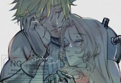 aerith_gainsborough arm_around_shoulder armor armored_gloves bangle black_gloves blonde_hair blue_shirt bracelet braid brown_hair closed_eyes cloud_strife couple crying final_fantasy final_fantasy_vii final_fantasy_vii_rebirth final_fantasy_vii_remake gloves hair_between_eyes hand_on_another&#039;s_cheek hand_on_another&#039;s_face hetero holding_hands jacket jewelry long_hair parted_bangs pauldrons red_jacket shirt short_hair shoulder_armor sidelocks single_braid single_pauldron sleeveless sleeveless_turtleneck tears turtleneck upper_body wakakusa-e wavy_hair white_background