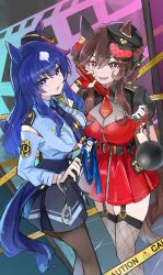 Rule 34 | 2girls, absurdres, alternate costume, animal ears, black pantyhose, blue eyes, blue necktie, blue shirt, blue skirt, braid, braided hair rings, breasts, brown hair, caution tape, cleavage, cuffs, dress, ear covers, ears through headwear, female service cap, fishnet pantyhose, fishnets, gentildonna (umamusume), hair between eyes, hair rings, handcuffs, hat, highres, horse ears, horse girl, horse tail, kik1, large breasts, long hair, multicolored hair, multiple girls, necktie, pantyhose, police, police hat, police uniform, policewoman, red dress, red eyes, red necktie, shirt, short necktie, single ear cover, skirt, streaked hair, tail, tilted headwear, umamusume, verxina (umamusume), white hair, wrecking ball