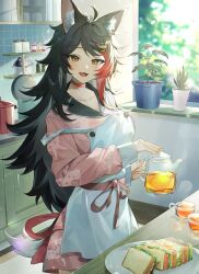 1girl :3 :d ahoge alternate_costume amesui animal_ear_fluff animal_ears apron black_hair character_print choker collarbone commentary_request contrast_collar cup day flipped_hair food glass_teacup glass_teapot hair_ornament hairclip highres holding holding_teapot hololive indoors kitchen lapels long_hair long_sleeves looking_at_viewer messy_hair miofa_(ookami_mio) multicolored_hair notched_lapels ookami_mio open_mouth pajamas pink_pajamas pink_shorts plant potted_plant print_pajamas print_shorts red_choker red_hair sandwich short_shorts shorts sidelocks single_off_shoulder smile solo spiked_hair strap_slip streaked_hair swept_bangs tail tea teacup teapot very_long_hair virtual_youtuber white_apron wolf_ears wolf_girl wolf_tail yellow_eyes