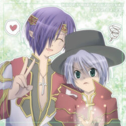 2boys black_coat black_hat capelet circlet closed_eyes coat commentary_request cross cross_necklace dated dated_commentary frown gold_trim green_background green_eyes grey_hair hair_over_one_eye happy_birthday hat heart high_priest_(ragnarok_online) high_wizard_(ragnarok_online) jewelry long_sleeves looking_at_another male_focus multicolored_coat multiple_boys necklace open_mouth pointy_ears purple_hair ragnarok_online red_capelet red_coat sharari short_hair smile spoken_heart squiggle top_hat two-tone_coat upper_body v v-shaped_eyebrows white_coat