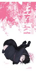 14yuruis 1girl absurdres black_boots black_hair black_hoodie black_mask black_pants blue_archive boots ear_piercing high_heel_boots high_heels highres hood hoodie looking_at_viewer lying misaki_(blue_archive) on_back pants piercing pink_eyes short_hair solo