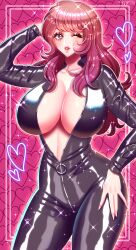 1girl absurdres biker_clothes bikesuit bodysuit breasts brown_eyes brown_hair center_opening cleavage highres large_breasts latex long_hair looking_at_viewer lupin_iii mine_fujiko no_bra one_eye_closed skin_tight smile solo washiko