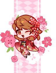 1girl blush brown_eyes brown_hair cherry_blossoms earrings flipped_hair floral_print floral_print_kimono flower full_body gradient_clothes gradient_kimono hair_flower hair_ornament hashtag-only_commentary highres japanese_clothes jewelry kimono long_sleeves looking_at_viewer obi official_alternate_costume one_eye_closed open_mouth persona persona_3 persona_3_reload pink_flower pink_kimono print_kimono red_kimono rrrrrrrrrrrou1 sash short_hair solo stud_earrings takeba_yukari two-tone_kimono wide_sleeves