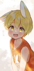 1boy animal_ears bare_shoulders blonde_hair blush child commentary crew_neck dot_nose double-parted_bangs far_tarooo hair_between_eyes hands_out_of_frame looking_at_viewer male_focus noru_(far_tarooo) open_mouth orange_shirt original print_shirt rabbit_boy rabbit_ears shirt short_hair sleeveless sleeveless_shirt solo symbol-only_commentary upper_body white_background yellow_eyes