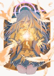 1girl bird blue_archive feathered_wings flashbang grey_serafuku halo head_wings highres iohc_choi purple_halo school_uniform serafuku single_head_wing single_wing skirt solo suzumi_(blue_archive) thighs white_wings wings