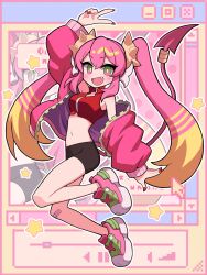 1girl :d arm_up black_shorts blonde_hair blush breasts commentary_request cropped_vest detached_sleeves duel_monster fang full_body green_eyes highres ki-sikil_(yu-gi-oh!) live_twin_ki-sikil long_hair looking_at_viewer medium_breasts midriff multicolored_eyes multicolored_hair nail_polish navel niyane open_mouth outline pink_eyes pink_hair pink_shoes pink_sleeves red_nails red_vest shoes shorts smile sneakers solo star_(symbol) tail two-tone_hair v vest white_outline yu-gi-oh!