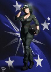 1girl 2025 absurdres adjusting_eyewear adversarial_noise artist_logo astra_yao aviator_sunglasses bangboo_(zenless_zone_zero) belt black_boots black_gloves black_hair black_helmet boots breasts brown-tinted_eyewear brown_belt cleavage clothes_writing commentary commission crossover dog_tags english_commentary eye-tee_(project_wingman) fingerless_gloves flag_background full_body gloves green_jumpsuit grin hairband hand_up helmet highres holding holding_helmet jumpsuit large_breasts logo medium_hair military molly_zhang open_clothes open_shirt pacific_federation_flag pilot_helmet pink_eyes project_wingman shon_(seanwave) sleeves_rolled_up smile snap_(zenless_zone_zero) standing sunglasses tinted_eyewear uneven_bangs unit_patch voice_actor_connection zenless_zone_zero