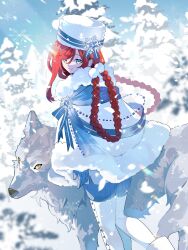 1girl absurdres blue_eyes blue_gemstone blue_gloves blue_ribbon boots braid braided_hair_rings chilcy35 cloak closed_mouth day feet_out_of_frame fur-trimmed_cloak fur_hat fur_trim gem gloves hair_ornament hair_rings hat hat_ornament highres long_hair looking_at_viewer original outdoors pom_pom_(clothes) pom_pom_hair_ornament red_hair ribbon smile snow snowflake_hat_ornament snowflakes snowing solo swept_bangs thigh_boots tree white_boots white_cloak winter wolf