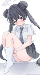 1girl absurdres black_hair black_skirt blue_archive blush bun_with_braided_base collared_shirt commentary_request double_bun dress_shirt frown full_body grey_eyes grey_halo grey_necktie hair_between_eyes hair_bun hair_intakes halo highres hugging_own_legs kisaki_(blue_archive) kisaki_(school_uniform)_(blue_archive) kneehighs knees_up long_hair looking_at_viewer miniskirt necktie no_shoes official_alternate_costume open_mouth own_hands_together partial_commentary pleated_skirt school_uniform shirt short_sleeves shy simple_background sitting skirt socks solo striped_necktie thighs twintails twitter_username very_long_hair white_background white_shirt white_socks zukimikan
