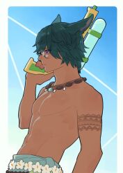 1boy abs animal_ears arm_tattoo arm_up blue_eyes blue_sky border cat_ears closed_mouth cowboy_shot dark-skinned_male dark_skin final_fantasy final_fantasy_xiv flower glasses green_hair highres holding holding_water_gun jewelry koana_(ff14) looking_ahead male_focus miqo&#039;te necklace pectorals pince-nez profile sky solo summer tattoo toned toned_male topless_male water_gun white_border white_flower yama37