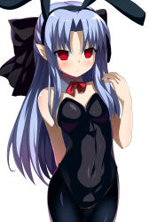 1girl animal_ears arm_behind_back bare_shoulders black_leotard black_pantyhose blue_hair blush closed_mouth covered_navel cowboy_shot detached_collar empty_eyes expressionless fake_animal_ears hairband highres len_(tsukihime) leotard long_hair no_pupils pantyhose playboy_bunny pointy_ears rabbit_ears red_eyes ribbon shimejinameko solo strapless strapless_leotard tsukihime
