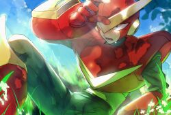 Rule 34 | 1boy, armor, green eyes, helmet, highres, itasazameart, mega man (classic), mega man (series), outdoors, quick man, red armor, red helmet, sitting, solo, tears