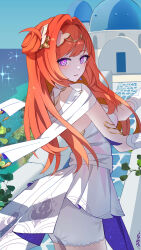 1girl absurdres ai_dongdong dress earrings from_behind hair_ornament highres honkai_(series) honkai_impact_3rd jewelry long_hair looking_at_viewer looking_back official_alternate_costume orange_eyes outdoors parted_lips purple_eyes senadina senadina_(cocoon_of_unwoven) signature smile solo standing white_dress