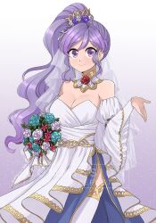 1girl bouquet breasts cleavage commentary commission dress earrings english_commentary fire_emblem fire_emblem:_genealogy_of_the_holy_war fire_emblem_heroes flower highres holding holding_bouquet ishtar_(bride)_(fire_emblem) ishtar_(fire_emblem) jewelry large_breasts long_hair looking_at_viewer mitsuchiis nintendo official_alternate_costume outstretched_arm ponytail purple_eyes purple_hair smile solo strapless strapless_dress wedding_dress white_dress