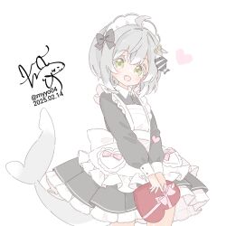 1girl ahoge alternate_costume apron black_bow black_dress bow box chame_(myyo04) cowboy_shot dated dress fang fins fish_hair_ornament fish_tail frilled_apron frilled_dress frills green_eyes grey_hair hair_bow hair_ornament head_tilt heart heart-shaped_box kantai_collection looking_at_viewer maestrale_(kancolle) maid_headdress open_mouth own_hands_together shark_tail short_hair signature simple_background smile solo tail v_arms valentine white_apron white_background