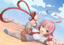 1girl absurdres ahoge aino_heart arcana_heart arm_support breasts brown_eyes heart heart_ahoge highres index_finger_raised large_breasts leg_lift leg_up legs looking_at_viewer lying necktie on_side open_mouth pink_hair pointing pointing_at_viewer ribbon school_uniform short_hair skirt smile solo teeth thighs tongue