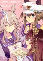 3girls animal_ear_headwear animal_ears blue_eyes bow bowtie box braid brown_hair buena_vista_(umamusume) cheval_grand_(umamusume) closed_mouth dated derivative_work ear_covers eating fake_animal_ears food grey_hair happy_birthday hat hi_(ibisf5umauma) highres holding holding_box light_blush long_hair long_sleeves multicolored_hair multiple_girls open_mouth pink_background purple_shirt sailor_collar shirt short_hair single_braid smile streaked_hair toothpick twitter_username umamusume upper_body vector_trace watermark white_hat wonder_acute_(umamusume)