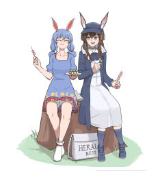 2girls absurdres amiya_(arknights) amiya_(newsgirl)_(arknights) animal_ears arknights ascot bloomers blue_ascot blue_coat blue_dress blue_eyes blue_footwear blue_hair blue_socks closed_eyes coat collarbone crescent dress earclip eating grass highres kine log mallet mata_(matasoup) multiple_girls newspaper rabbit_ears seiran_(touhou) smile socks star_(symbol) touhou trait_connection underwear white_dress white_footwear