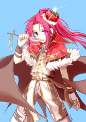 1boy blue_background brown_eyes brown_wings candy capelet commentary_request cowboy_shot crown fingerless_gloves food fur-trimmed_capelet fur_trim gem glint gloves green_gemstone heterochromia high_collar high_ponytail high_wizard_(ragnarok_online) lollipop long_hair looking_at_viewer male_focus pants pink_eyes pink_hair ponytail ragnarok_online red_capelet red_crown shirt simple_background smile solo swirl_lollipop tongue tongue_out white_gloves white_pants white_shirt wings yukimushi