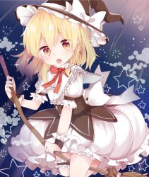 Rule 34 | 1girl, :o, arm garter, bad id, bad pixiv id, black hat, black vest, blonde hair, blue background, bow, bowtie, braid, broom, broom riding, bubble skirt, coda (ankoprpr3700), collar, cowboy shot, fang, female focus, frilled collar, frilled hat, frilled sleeves, frilled thigh strap, frills, hair between eyes, hat, hat bow, highres, kirisame marisa, looking at viewer, open mouth, puffy short sleeves, puffy sleeves, red bow, red bowtie, short sleeves, side braid, single braid, skirt, solo, star (symbol), star symbol background, thigh cuffs, thigh strap, touhou, vest, white bow, white skirt, witch hat, wrist cuffs, yellow eyes