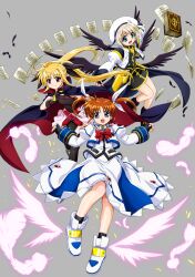 Rule 34 | 3girls, absurdres, ankle wings, artist request, black gloves, black wings, blonde hair, book, bow, brown hair, cape, cropped jacket, crossed belts, detached wings, energy wings, fate testarossa, fate testarossa (lightning form), feathers, fingerless gloves, floating, floating book, floating object, gloves, grey background, hair ornament, highres, juliet sleeves, long sleeves, lyrical nanoha, magical girl, mahou shoujo lyrical nanoha, mahou shoujo lyrical nanoha a&#039;s, multiple girls, multiple wings, official art, open mouth, pages, puffy sleeves, raising heart, raising heart (standby mode), red bow, schwertkreuz, schwertkreuz (standby form), showgirl skirt, simple background, smile, takamachi nanoha, takamachi nanoha (sacred mode), tome of the night sky, twintails, two-sided cape, two-sided fabric, unison (nanoha), w arms, wings, x hair ornament, yagami hayate
