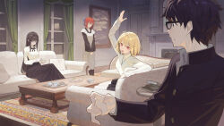 1boy 3girls antenna_hair apron arcueid_brunestud arm_rest arm_up black-framed_eyewear black_bow black_bowtie black_eyes black_hair black_hairband black_jacket black_kimono black_skirt blonde_hair blue_bow blue_eyes bow bowtie buttons closed_eyes coffee_table cookie couch crossed_legs cup curtains door drawing_(object) fang fireplace food gakuran glaring glasses hair_bow hairband hand_up highres holding holding_cup holding_saucer indoors jacket japanese_clothes jewelry kimono kohaku_(tsukihime) living_room long_hair long_skirt long_sleeves looking_at_another maid multiple_girls muntins necklace nervous nervous_sweating on_couch open_mouth parted_lips picture_frame pillow pleated_skirt red_eyes red_hair rug saucer school_uniform shirt short_hair sitting skirt sleeves_past_wrists smile spoon standing sweat sweatdrop table tea_set teacup timbougami tohno_akiha tohno_shiki tray tsukihime turtleneck wa_maid waving white_apron white_shirt window