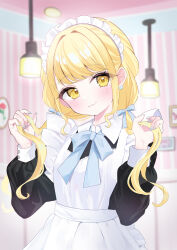 1girl absurdres alternate_costume apron black_dress blonde_hair blue_ribbon blush commentary_request dress earrings enmaided fujita_kotone gakuen_idolmaster hair_ribbon head_tilt heart heart_earrings highres idolmaster indoors jewelry long_hair long_sleeves maid maid_apron maid_headdress neck_ribbon ribbon smile solo tataki_maguro twintails upper_body white_apron yellow_eyes