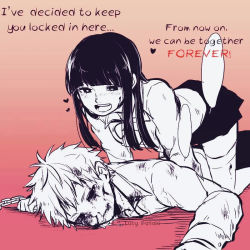 1boy 1girl abuse beaten blood blush chain cuts english_text femdom guro heart hiero0301 injury nosebleed school_uniform simple_background skirt yandere