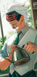 1boy ace_attorney catuoon facial_hair godot_(ace_attorney) jewelry kettle male_focus mask mask_on_head necktie shirt smile solo white_hair